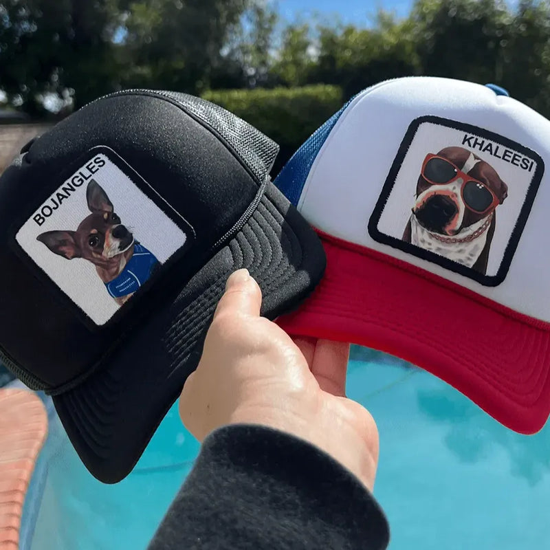 Handcrafted personalized pet hat with custom embroidery featuring a smiling dog face